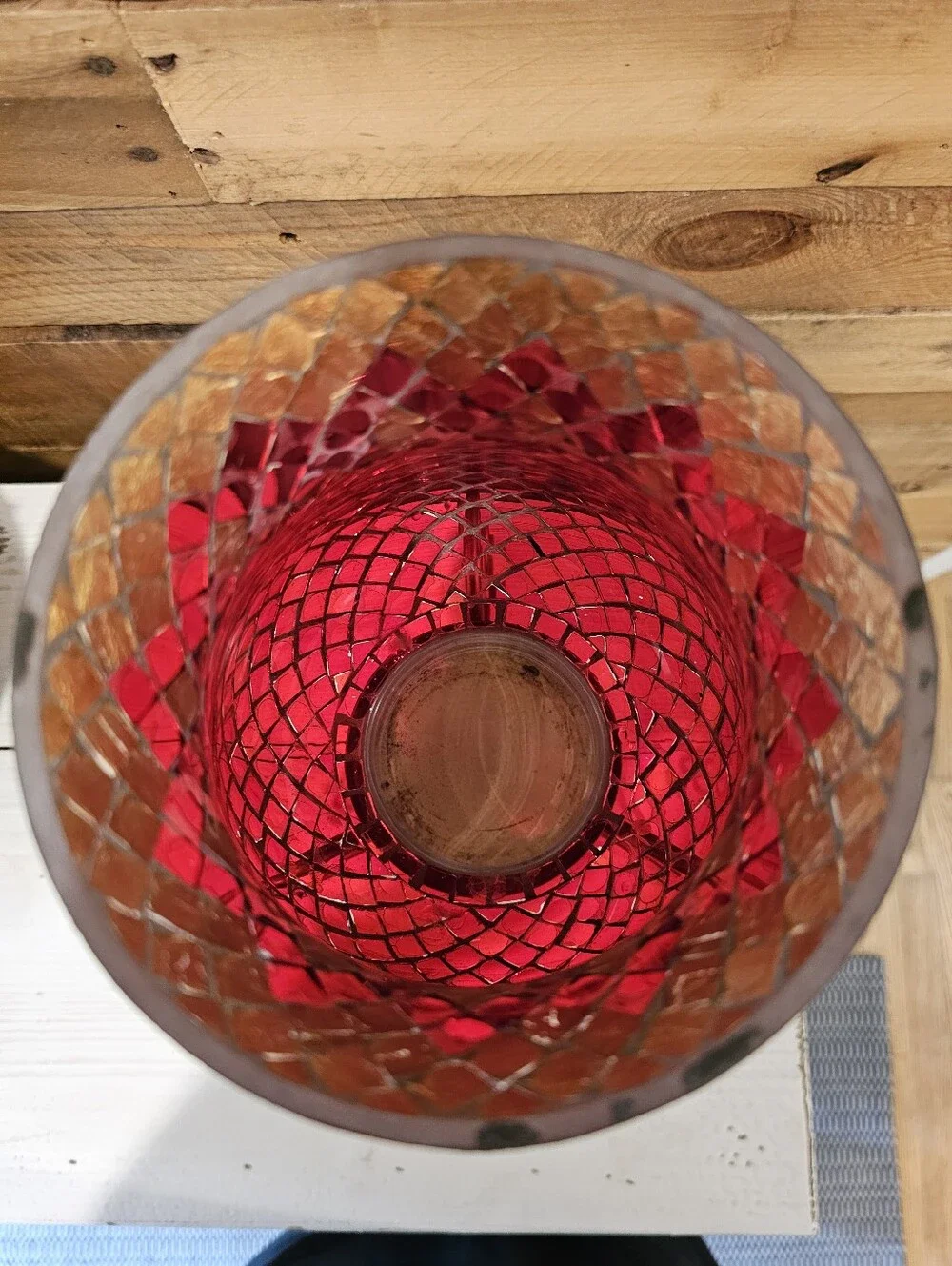 🐕 Red & Gold Mosaic Glass Hurricane Candle Holder with Gold Metal Stand